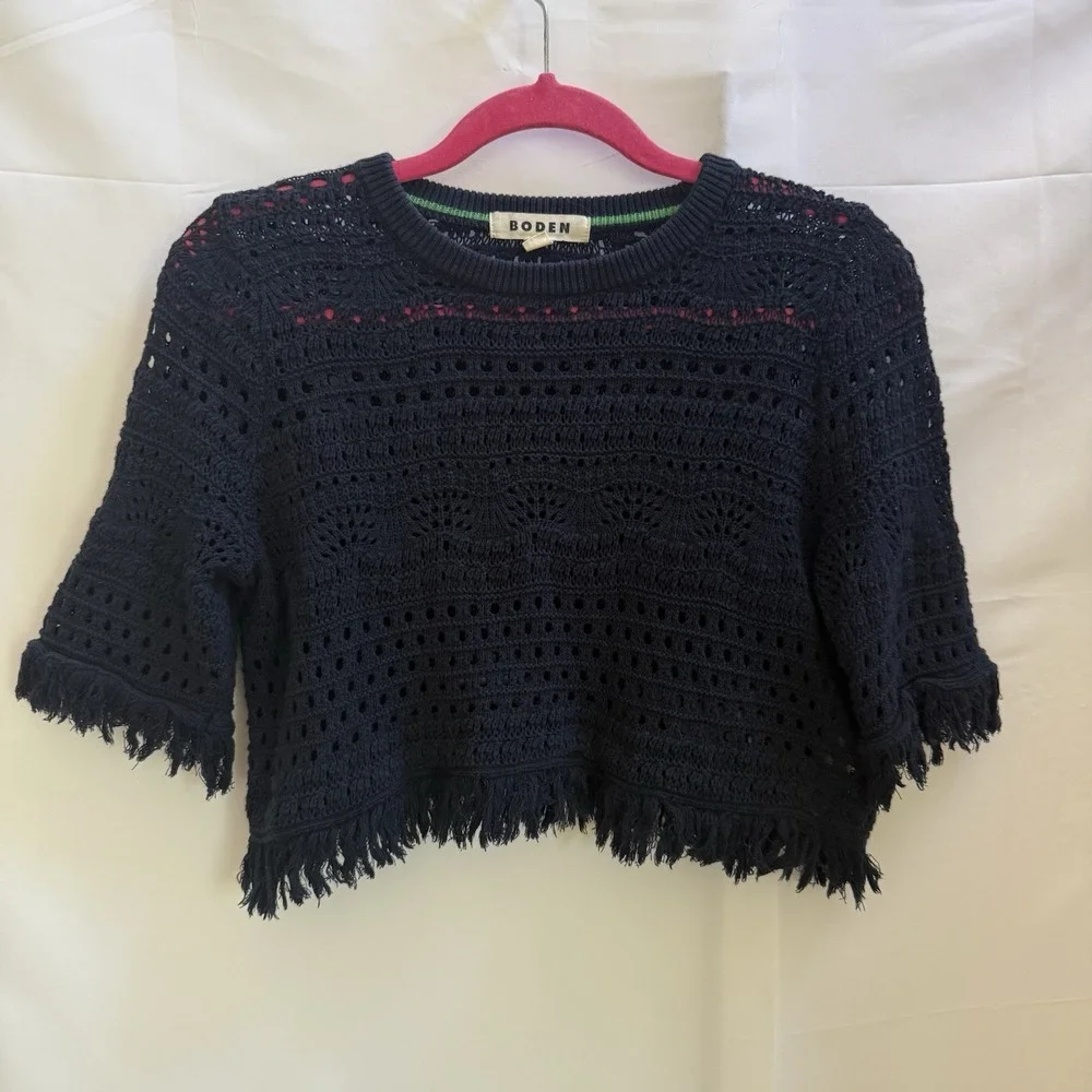 Boden Womens M‎ Crochet Knit Fringe Crop Top Navy Blue Cotton Boho Swim Cover